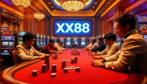 Players enjoying an intense poker game at XX88 Casino featuring vibrant slot machines and luxurious tables.