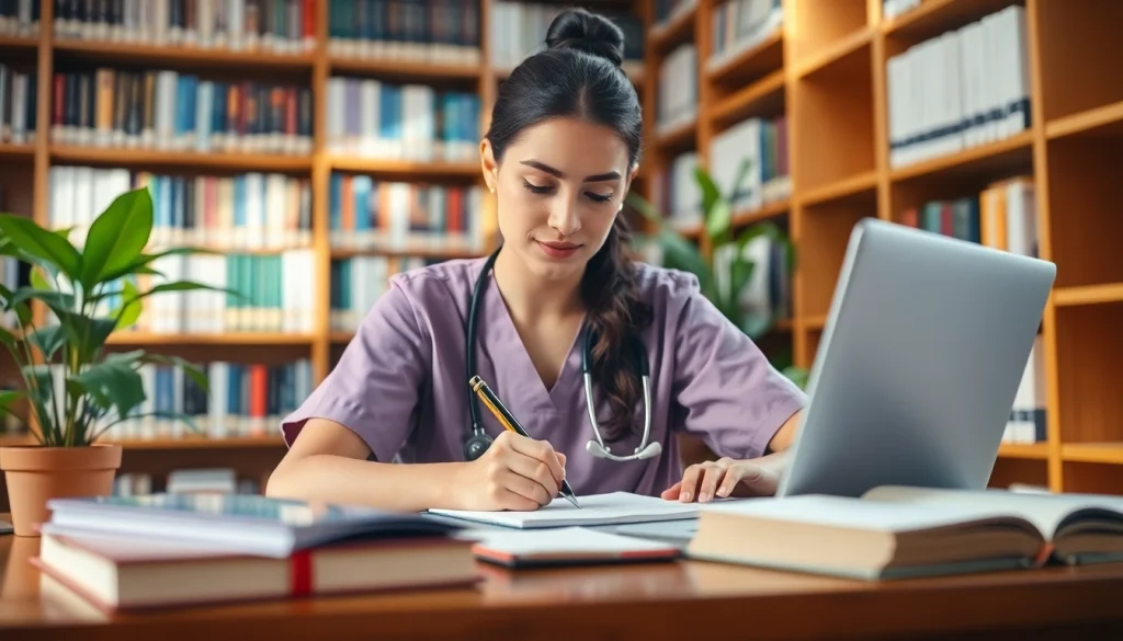Nursing capstone project assignment help in a library, featuring a focused student writing.