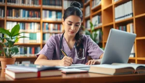 Nursing capstone project assignment help in a library, featuring a focused student writing.