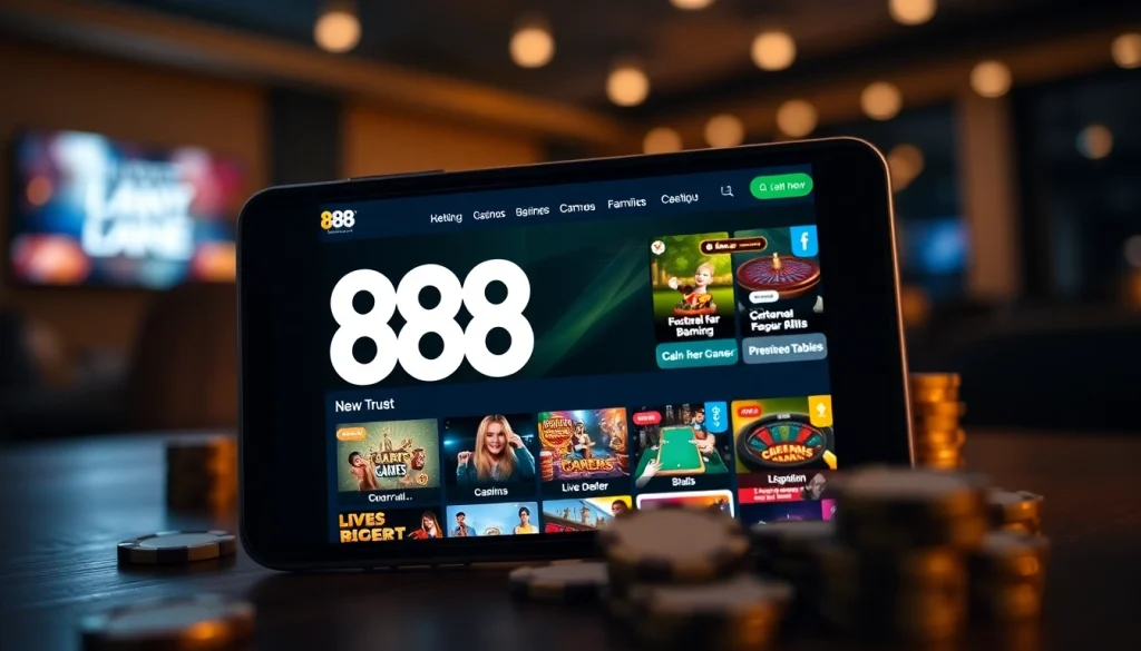 Interactive interface showcasing 888 new online gambling platform with sleek design and vibrant colors.