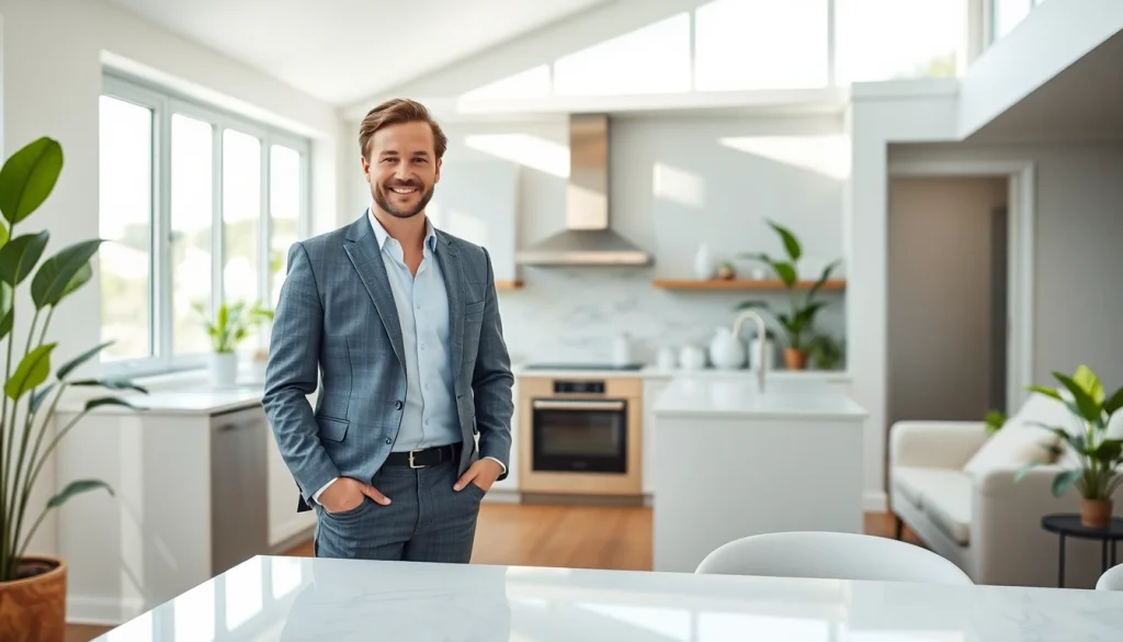 Showcasing real estate agent in a bright, inviting kitchen, engaging clients.