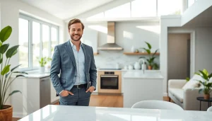 Showcasing real estate agent in a bright, inviting kitchen, engaging clients.