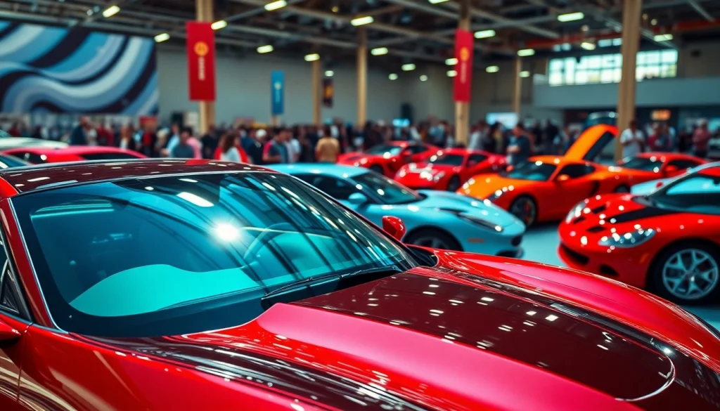 Engaged visitors exploring the Auto Cars Show featuring various dynamic car models on display.