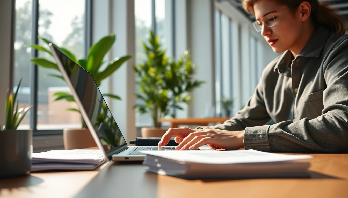 Capture the essence of business journalism at https://antrepost.com with a focused journalist in a modern office.