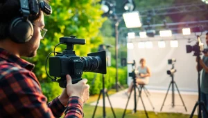 Engaging scene of a video production team at work capturing a vibrant outdoor shoot