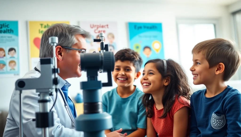 Our Children's Vision emphasizes a caring pediatric optometrist guiding children through an eye exam.