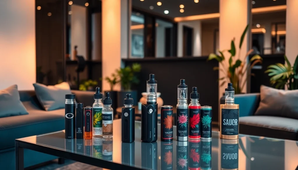 Vape-Geräte und -E-Liquids auf einem eleganten Tisch in einem modernen Lounge-Ambiente.