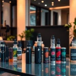 Vape-Geräte und -E-Liquids auf einem eleganten Tisch in einem modernen Lounge-Ambiente.