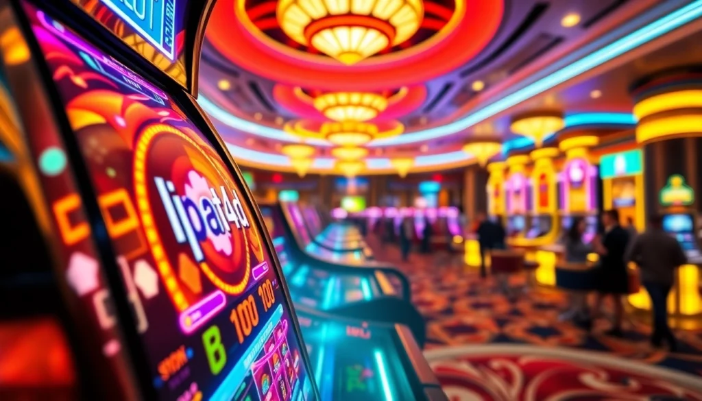 Bermain lipat4d slot di mesin slot berwarna-warni dengan suasana kasino yang ceria.