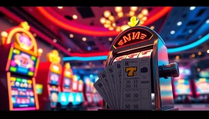 Menyarankan komengtoto dengan mesin slot dan tiket lotere di latar belakang kasino virtual.