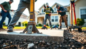 Mudjacking crew lifting concrete slabs with precision tools in a residential area.