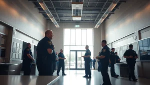 Conducting an Anaheim inmate search at a bustling police station with officers advising.