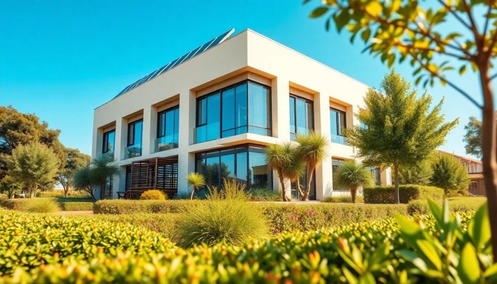 Certificado Ahorro Energético en un edificio moderno con paneles solares y jardín verde.