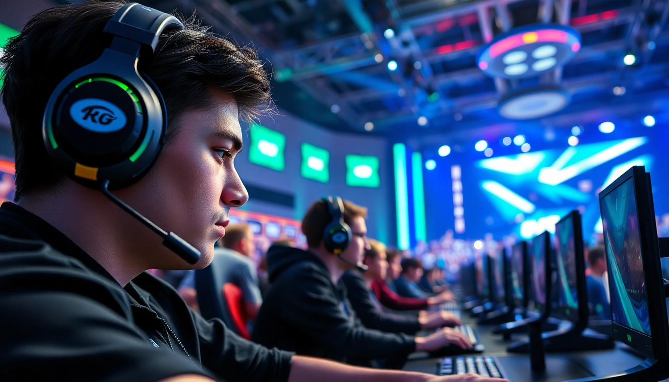 Gamers competing intensely at an esports event showcased on https://gamelevate.com with bright lighting.