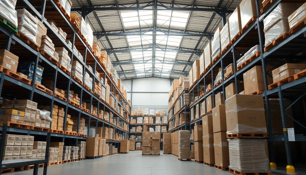 Find a warehouse near me with organized shelves and bright lighting, showcasing efficient storage.