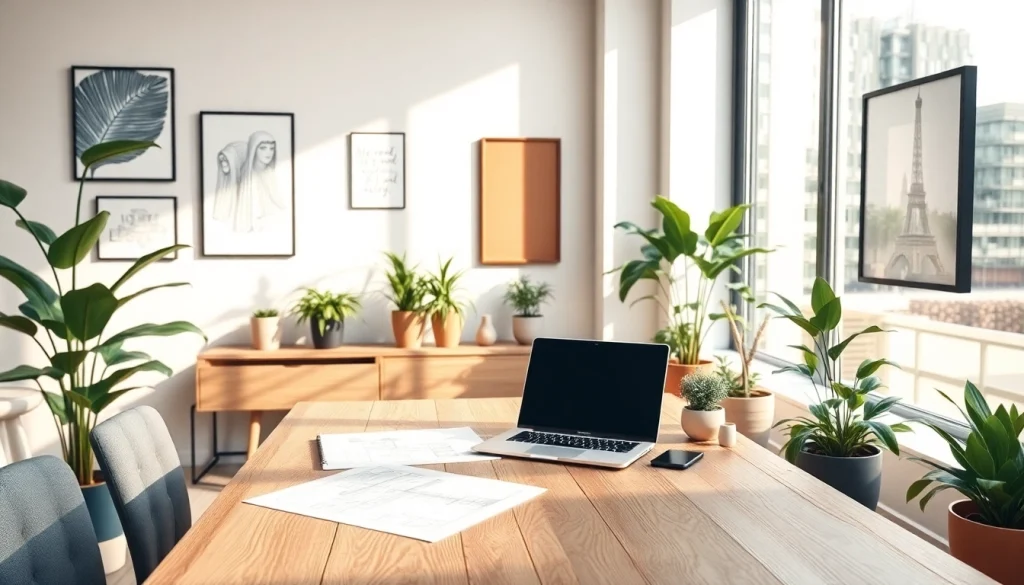 Showcase a creative workspace by https://merithome.co.uk with a modern desk, plants, and natural light.