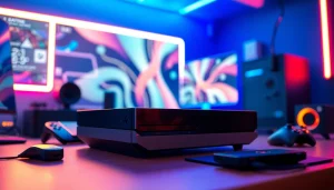 Menggambarkan virus4d dalam lingkungan permainan yang futuristik dan dinamis dengan pencahayaan neon.