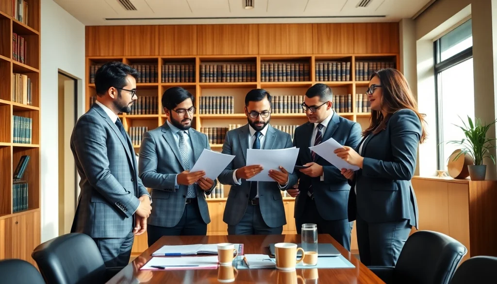 Collaborating attorneys reviewing documents at https://www.atlantarealestateattorney.com in a dynamic office setting.
