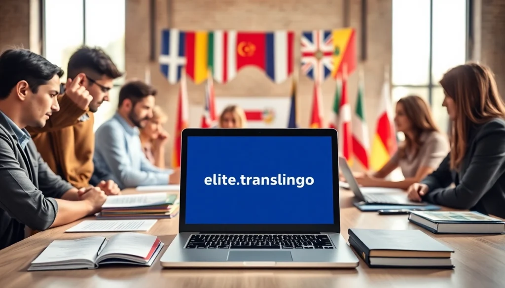 Engaging collaboration of translators at https://www.elitetranslingo.com showcasing multilingual workspace.