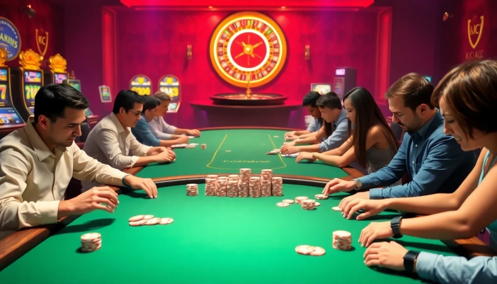 A thrilling poker scene showcasing players at a casino table, illustrating the excitement of KJC AC 2.