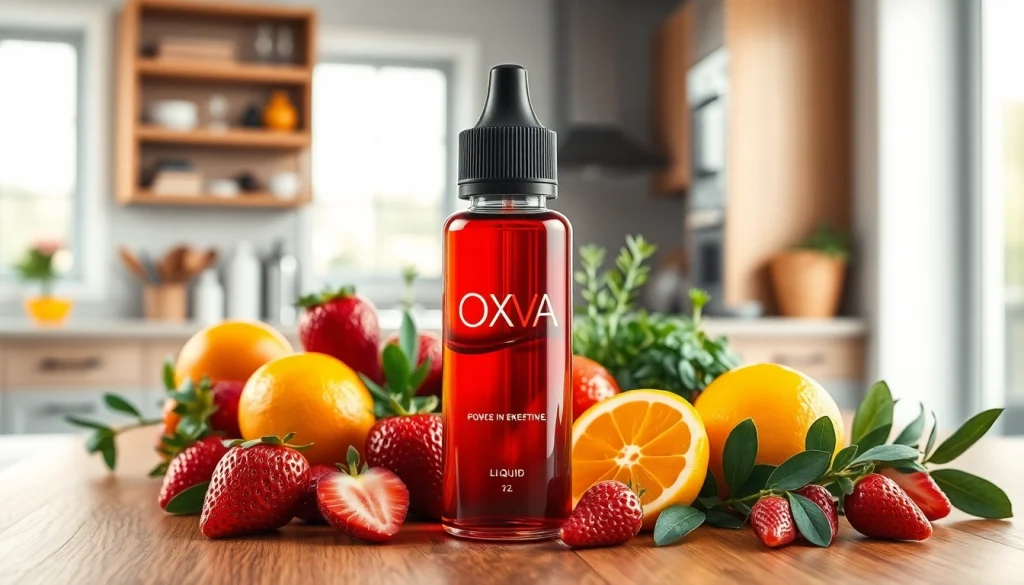 Flasche Oxva Liquid umgeben von frischen Früchten, ansprechende Präsentation in der Küche