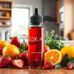 Flasche Oxva Liquid umgeben von frischen Früchten, ansprechende Präsentation in der Küche