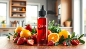 Flasche Oxva Liquid umgeben von frischen Früchten, ansprechende Präsentation in der Küche