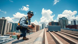 Roofer providing commercial roofing services while inspecting a large urban building.