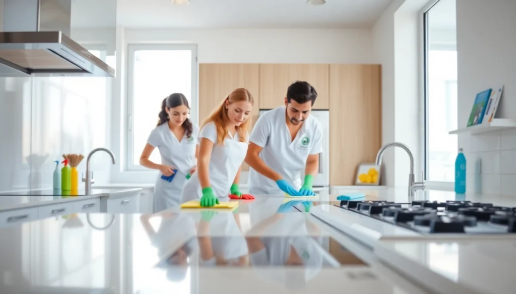 Kitchen deep cleaning Dubai service showcasing professional cleaners in a bright, sanitized kitchen.