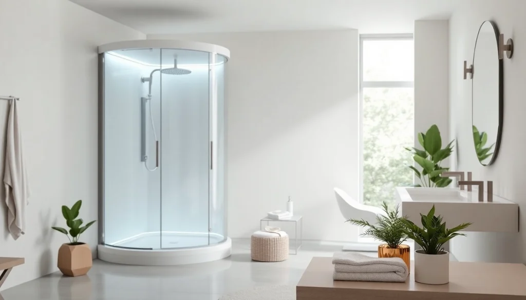 Admire the sirhona shower cabin adorned in a stylish bathroom setting, accentuated with LED lighting.
