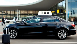 Taxi Nottingham to Birmingham Airport service with a sleek vehicle at airport terminal.