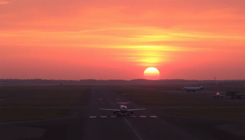 Gatwick Airport showcasing takeoffs against a vibrant sunset sky, highlighting the airport's activity.
