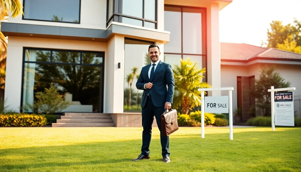 Real Estate agent showcases a luxurious home in a vibrant, inviting environment.