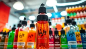 Liquid in verschiedenen Geschmacksrichtungen, stilvoll angeordnet und hell beleuchtet.