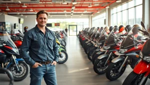 Motorradhändler präsentiert glänzende Motorräder in einem einladenden Ausstellungsraum.