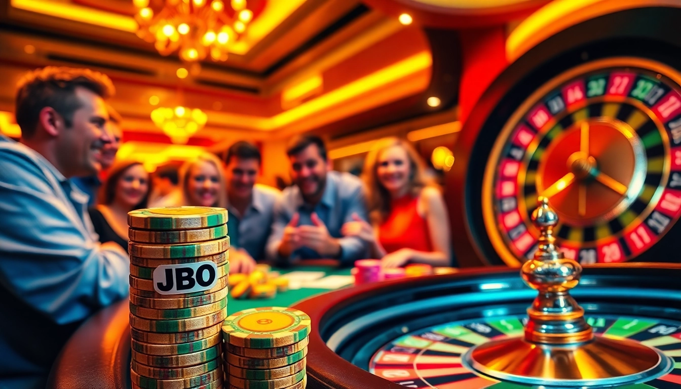 Experience the thrill of JBO poker with vibrant chips and lively players at the table.