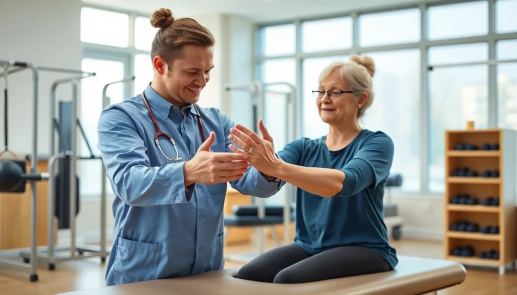 Health in Motion Rehabilitation illustrates a therapist guiding a patient through therapy exercises in a bright, modern facility.