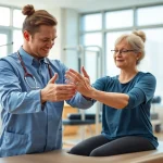 Health in Motion Rehabilitation illustrates a therapist guiding a patient through therapy exercises in a bright, modern facility.