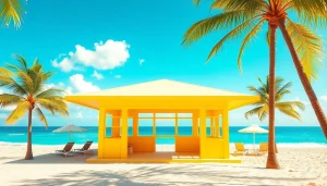 Enjoying the coastal cabana with palm trees and beach chairs in a sunny paradise.
