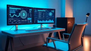 Cloud mining workspace with monitors displaying cryptocurrency statistics and blockchain visuals