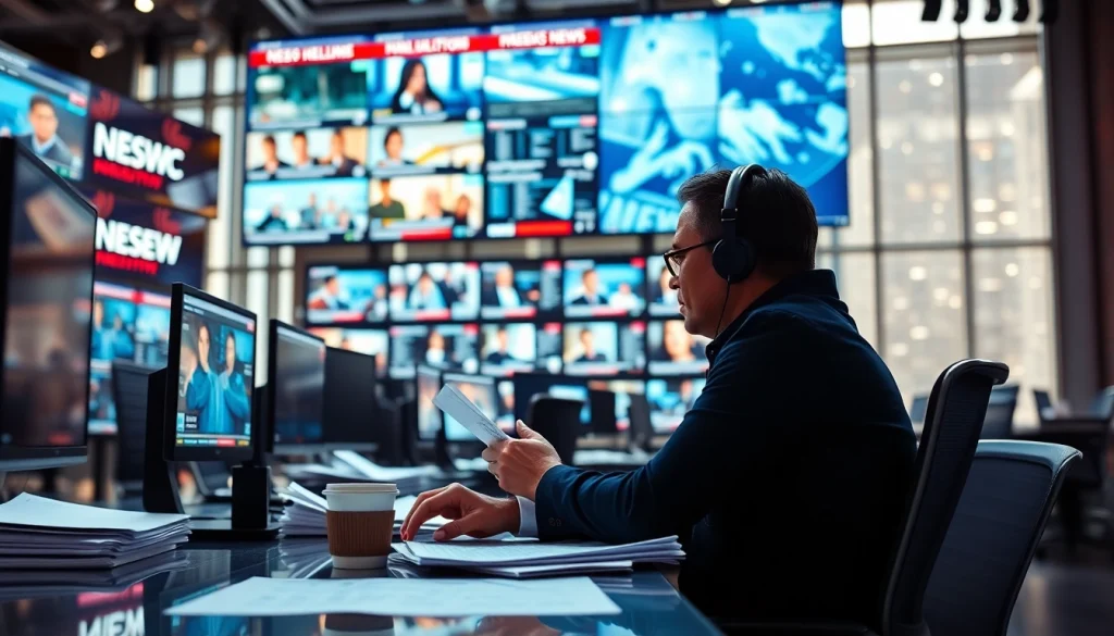 Engaged news editor at regionalmedianews.com analyzing live updates in a modern newsroom.