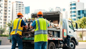 Efficient junk removal team from https://myeasyjunkremoval.com loading debris in a vibrant urban setting.