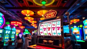 Menarik perhatian pemain dengan slot mesin berkedip di kasino yang ramai.