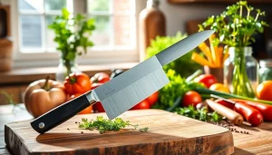 Showcasing a chef’s knife NZ on a wooden board surrounded by fresh herbs and spices.