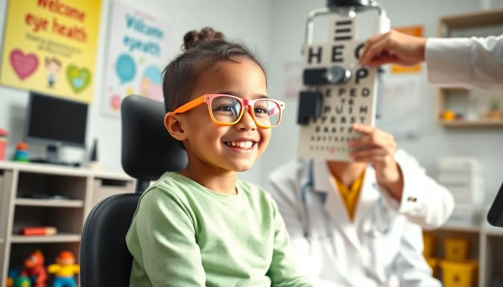 Highlighting Our Children's Vision initiative with a child receiving an eye exam, promoting eye health awareness.