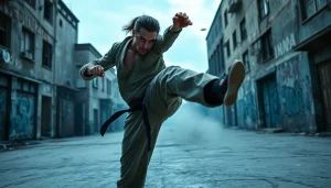 Action-packed martial arts thriller scene featuring a dynamic fight move.