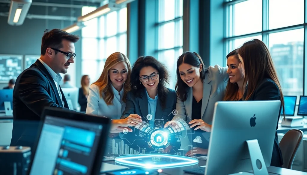 Engaging professionals collaborating on innovative Technology concepts in a futuristic office.