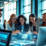 Engaging professionals collaborating on innovative Technology concepts in a futuristic office.
