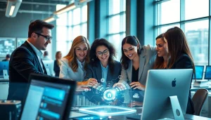 Engaging professionals collaborating on innovative Technology concepts in a futuristic office.