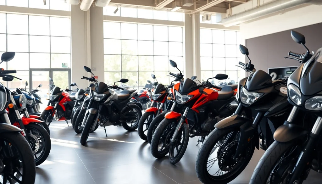 Motorradhändler präsentiert eine vielfältige Auswahl an Motorrädern in einem modernen Verkaufsraum.